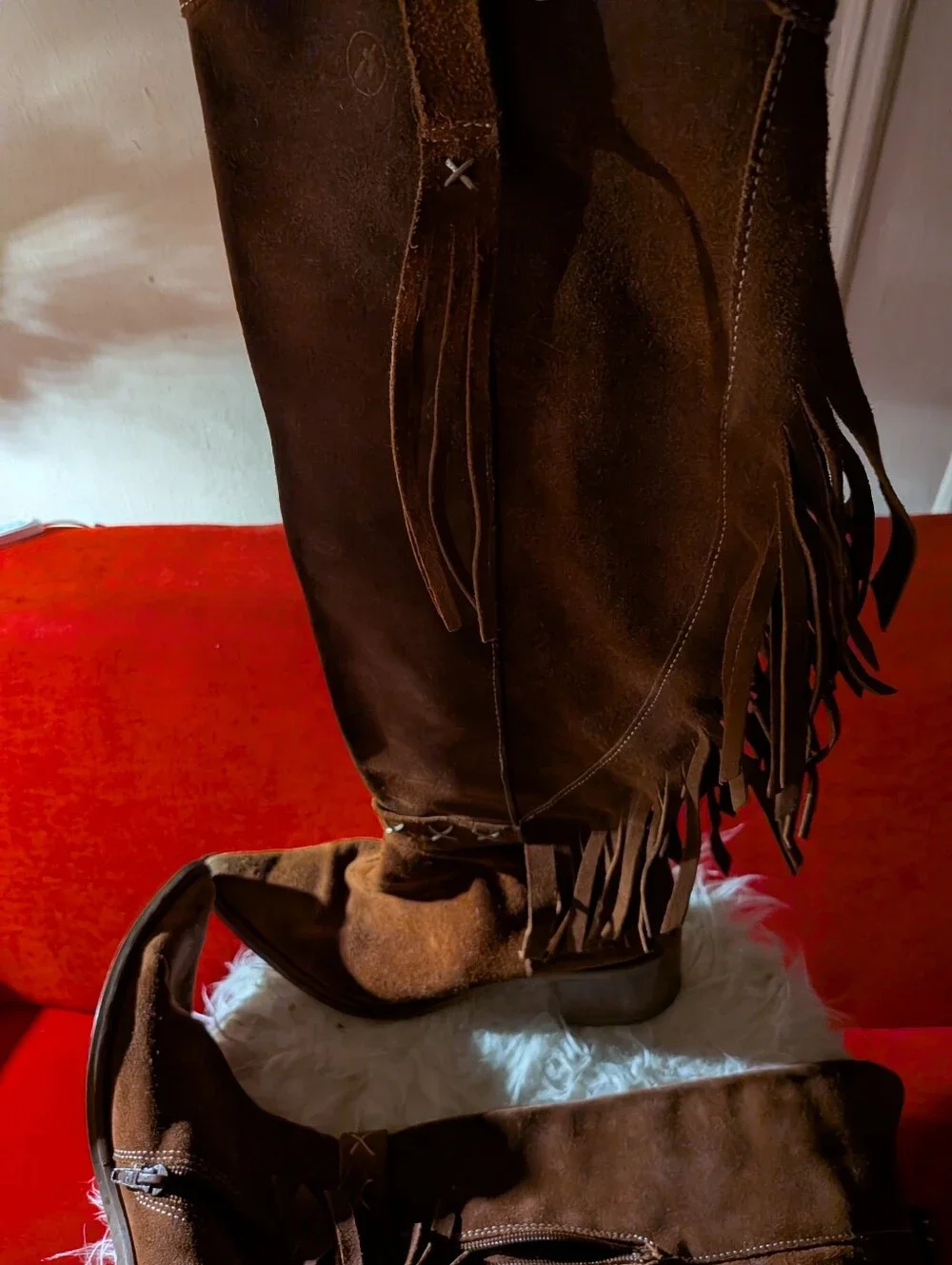 Women's Brown Suede Pointed-Toe Fringe Boots